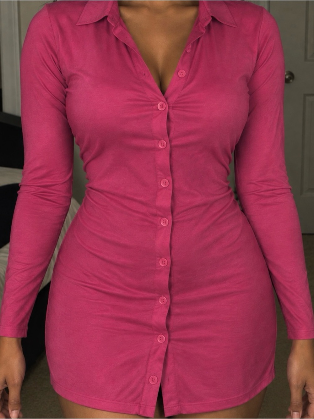 SHEIN Hot Pink Long Sleeve Button Up Mini Shirt Dress